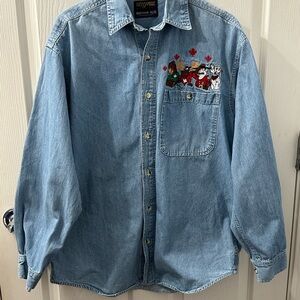 Vintage Blue Denim Embroidered Canadian Button Up Long Sleeved Shirt Small